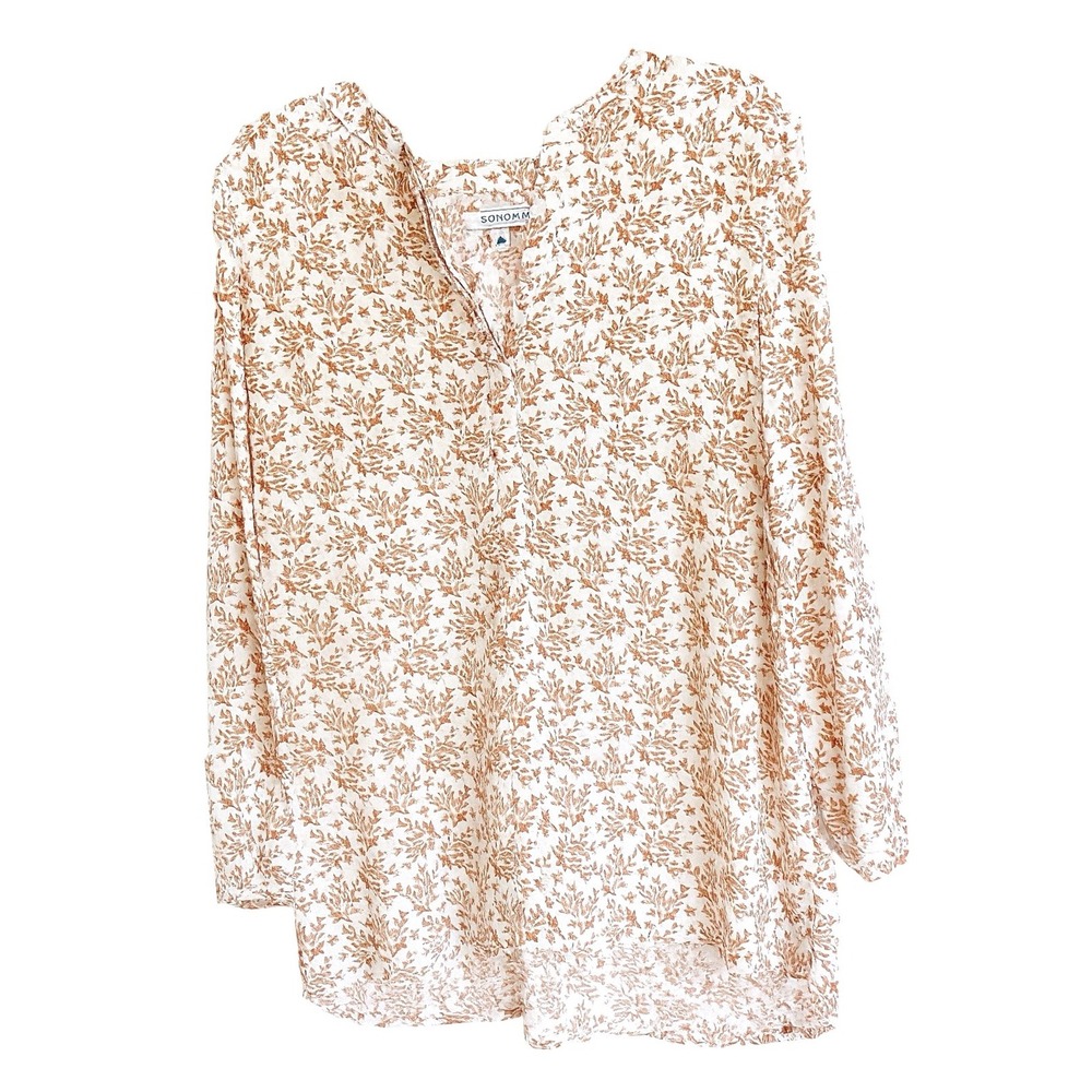 Jachs Girlfriend Womens‎ Large coral White Botanical Leaf Print Button Up Blouse